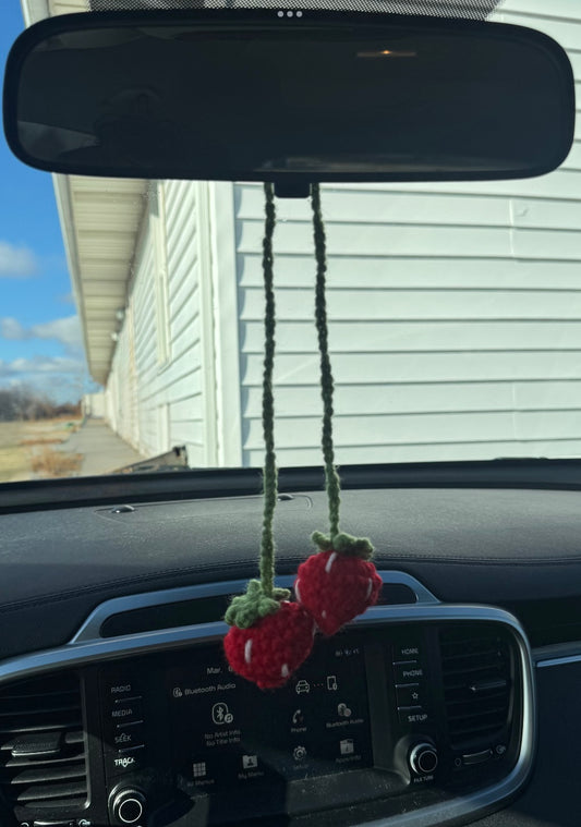 Crocheted strawberry car hanger